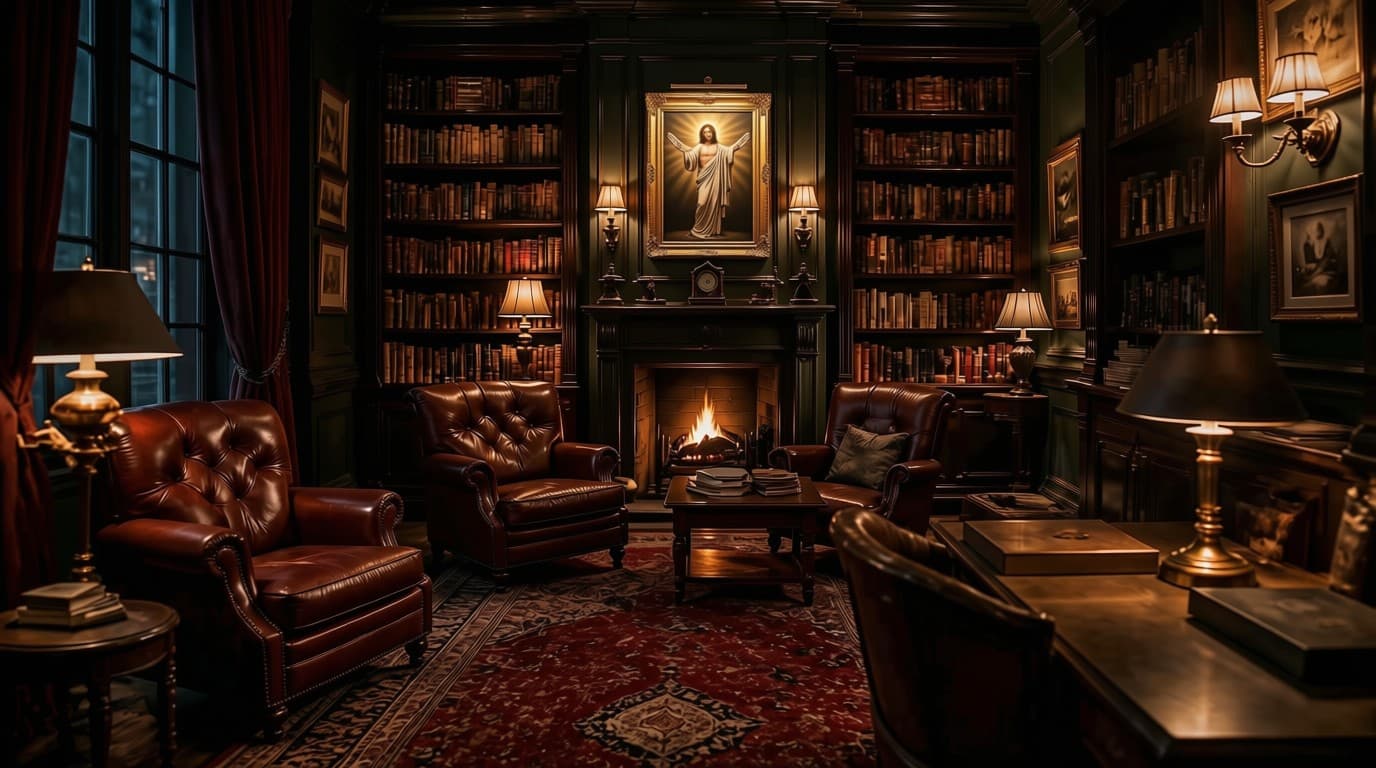 A candlelit study lined with old books, a fire in the hearth